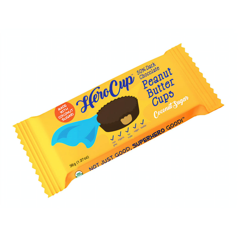 Herocup 50% dark chocolate peanut butter cup made with coconut sugar