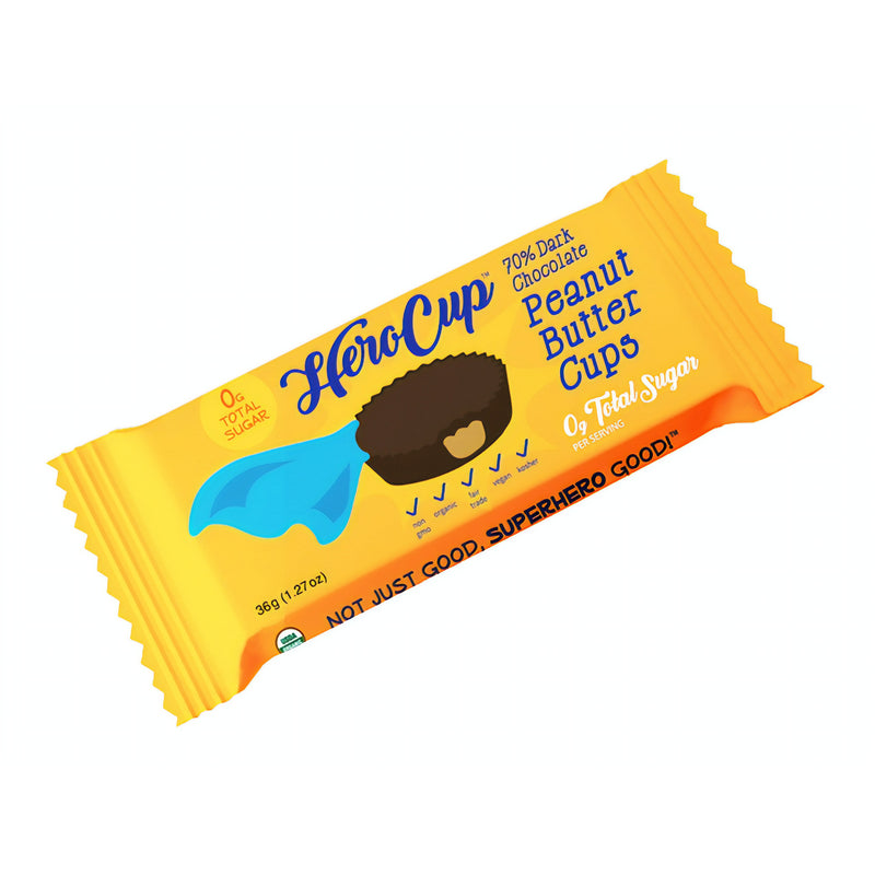 Herocup dark chocolate peanut butter cup with zero total sugar per serving